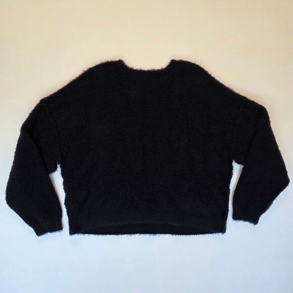 Free People Black Fuzzy Sweater Women’s Large V-Neck Pullover Soft Cozy Knit - Picture 2 of 8